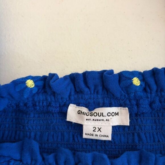 Chic Soul Blouse Women's 2X Blue Smocked Short Sleeve Embroidered Top Shirt - Picture 6 of 8